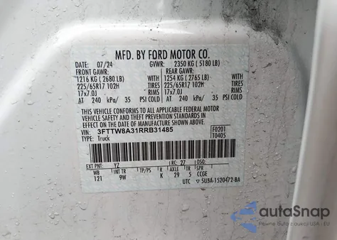 2024 Ford Maverick Xl z USA, uszkodzony, nr VIN 3FTTW8A31RRB31485